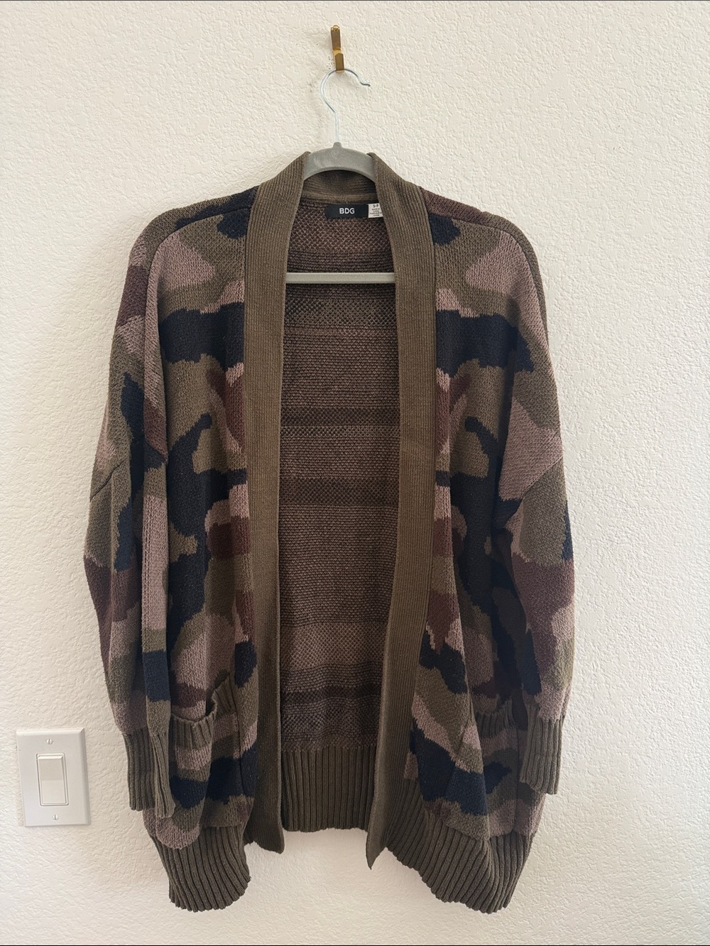 BDG Olive & Camouflage Open-Front Knit Cardigan